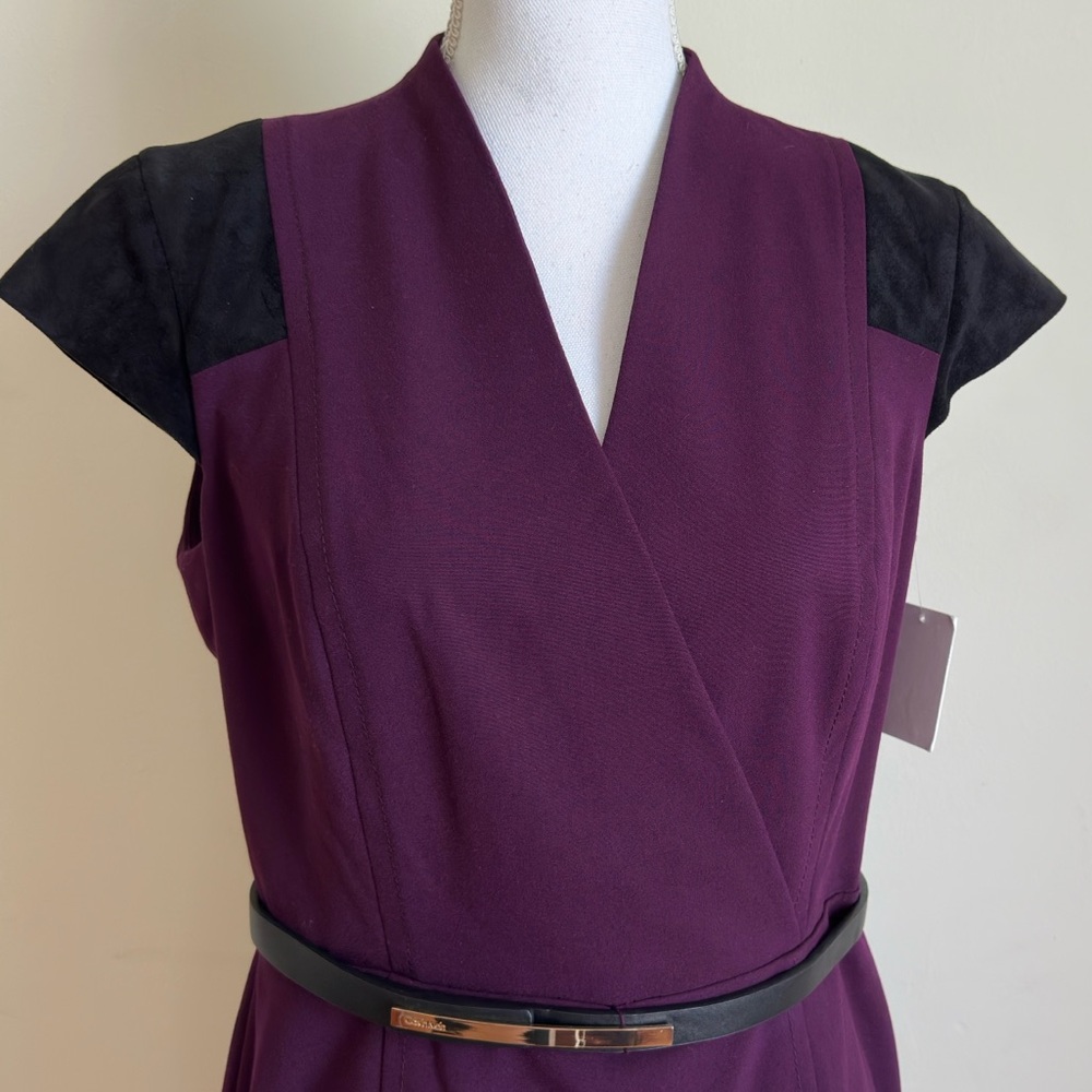 Calvin Klein Burgundy Dress w/ Faux Suede Cap Sleeves size - Picture 6 of 13